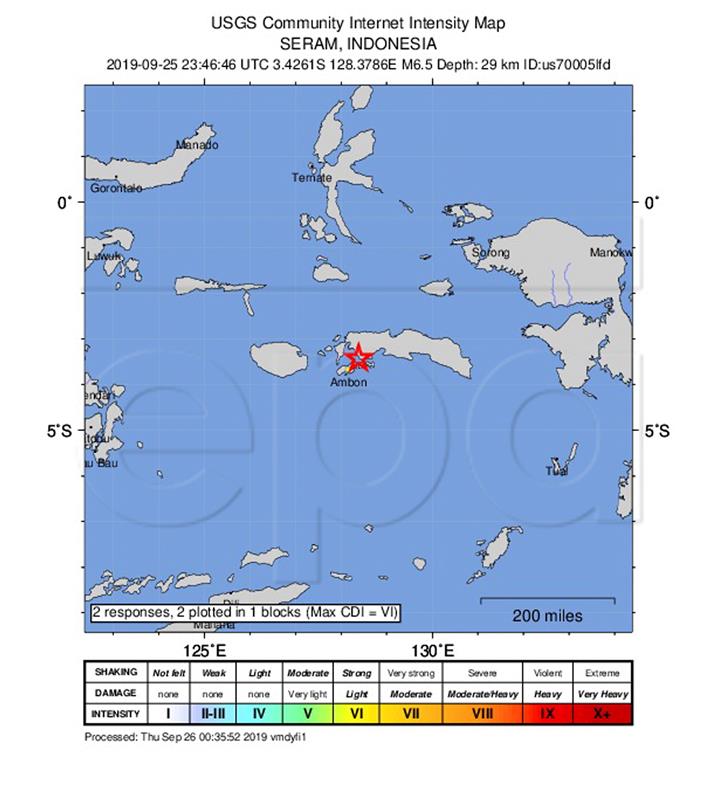 A magnitude 6.5 earthquake strikes near Seram Island, Indonesia