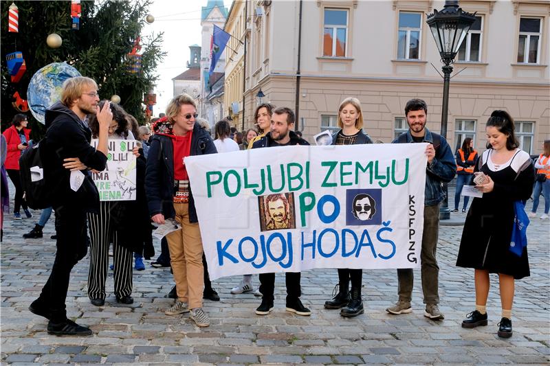 Climate activists stage protest rally outside government offices in Zagreb