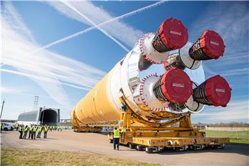 First Artemis rocket stage moved onto NASA barge ahead of Green Run test