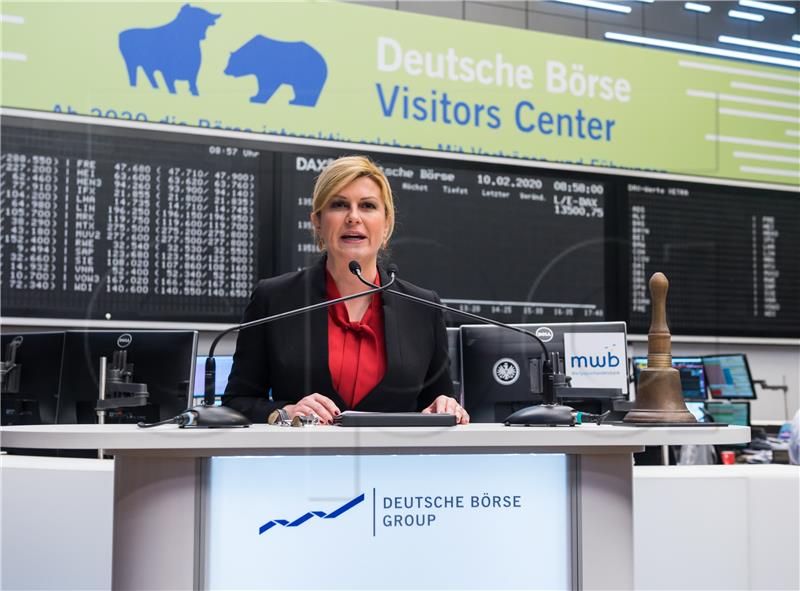 Croatian president rings stock exchange bell in Frankfurt, marking beginning of trading