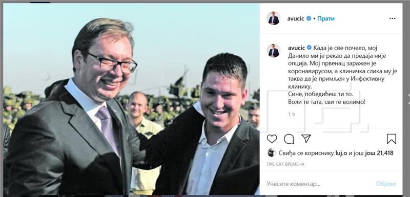 Vučić potvrdio da mu je sin zaražen koronavirusom i da je u bolnici