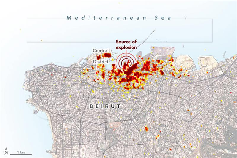 SPACE LEBANON BEIRUT EXPLOSION MAP DAMAGE