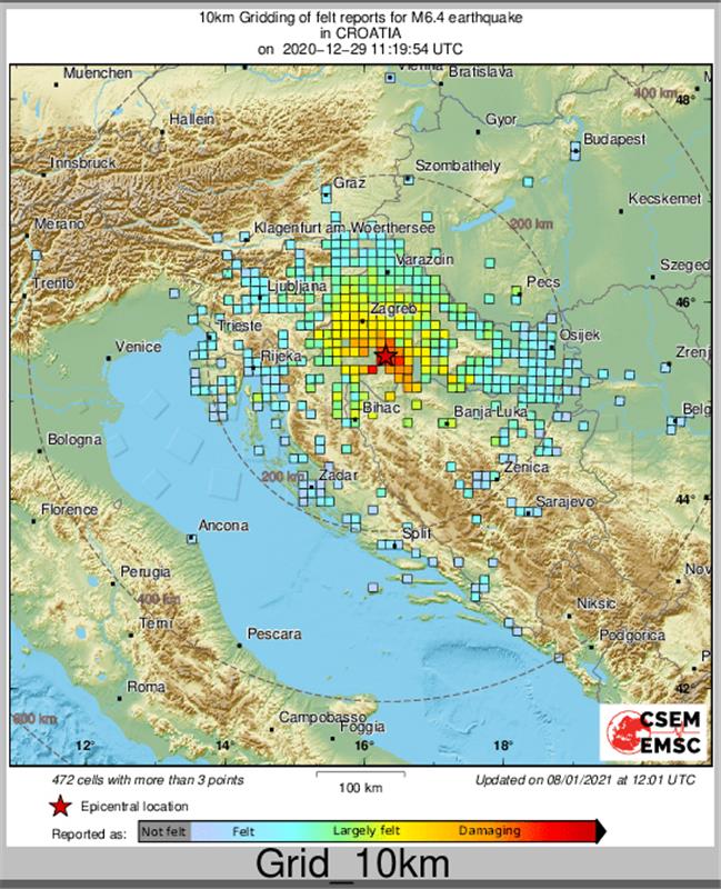 Prikaz geografskog grupiranja izvještaja o osjetu potresa