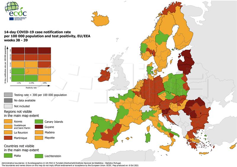 ECDC COVID map: Zagreb remains dark red, other parts of Croatia red