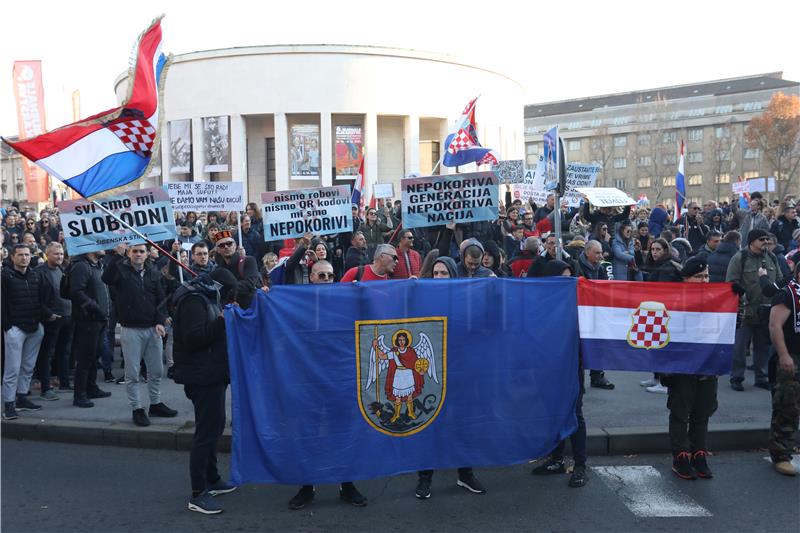 Protesters against mandatory COVID-19 certificates rally in Zagreb