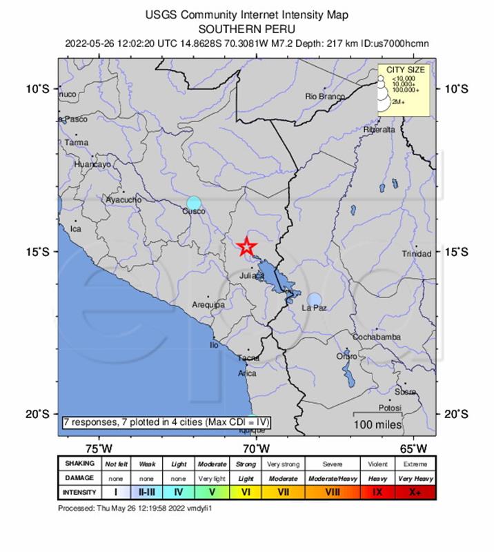 Potres magnitude 7,2 pogodio Peru - USGS