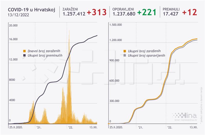 U Hrvatskoj 313 novih slučajeva koronavirusa, umrlo 12 osoba