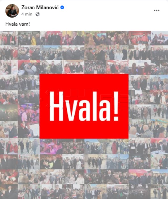 Milanović na Facebooku: "Hvala vam"