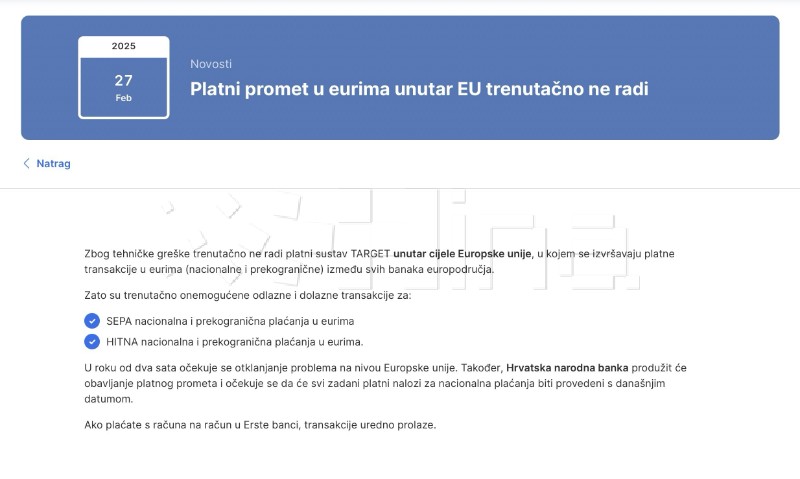 HNB izvijestio o privremenim poteškoćama u platnim sustavima Eurosustava