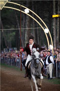 Jousting tournament "Trka Na Prstenac" taking place in Istrian town of Barban