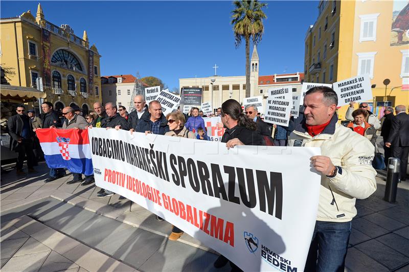 A group of demonstrators protest against UN migrations pact in Split